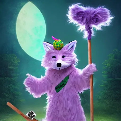 Image similar to a fox druid wizard as a fluffy muppet plush wearing a vaporwave nostalgic cloak and holding a staff made from a stick with an amethyst gemstone tied at the top with dnd dice scattered around it, photorealistic, photography, national geographic, sesame street