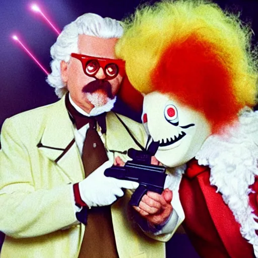 Prompt: colonel sanders shooting ronald mcdonald in the knee with a laser gun