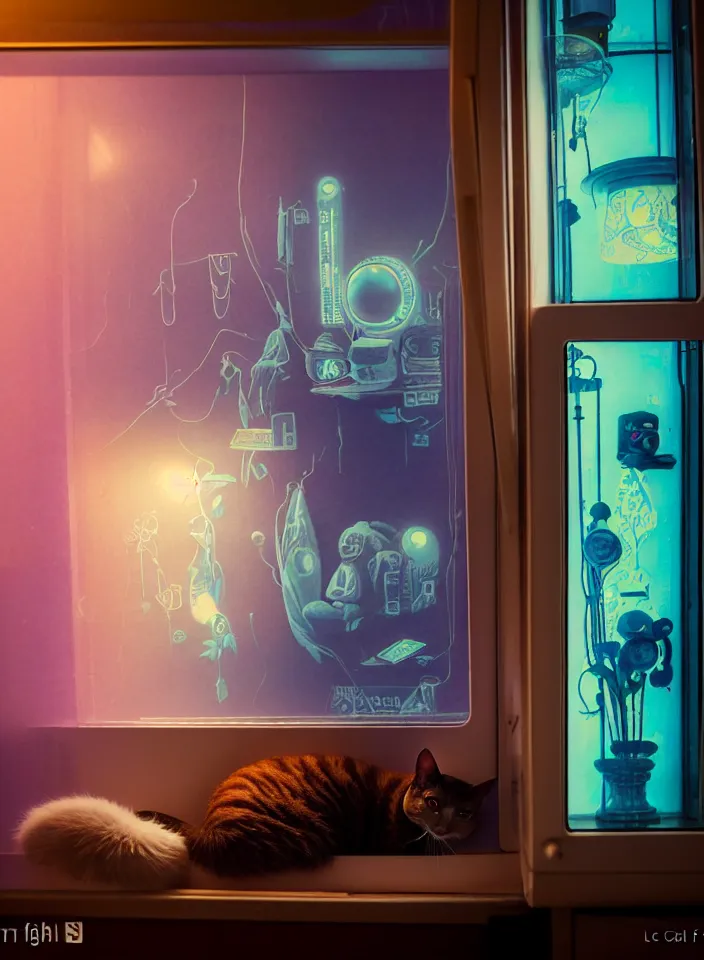 Image similar to telephoto 7 0 mm f / 2. 8 iso 2 0 0 photograph depicting the feeling of chrysalism in a cosy safe cluttered french sci - fi ( ( art nouveau ) ) cyberpunk apartment in a pastel dreamstate art cinema style. ( cat ) ( ( fish tank ) ), ambient light.