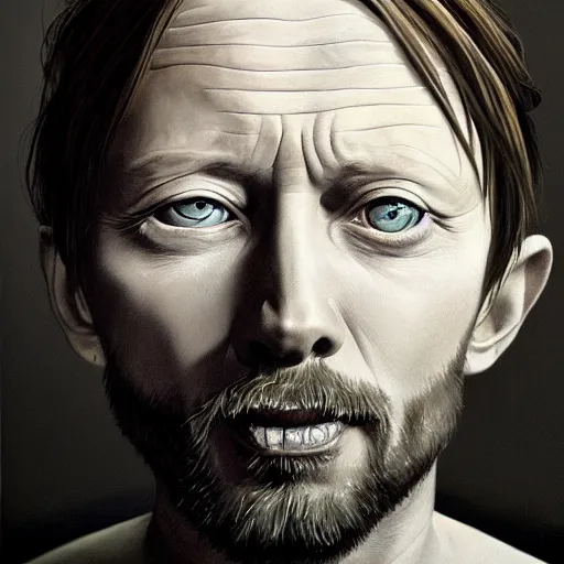 Prompt: Caricature portraits done of Thom Yorke, realistic, hyperrealistic, very realistic, highly detailed, very detailed, extremely detailed, detailed, oil painting, digital art, trending on artstation