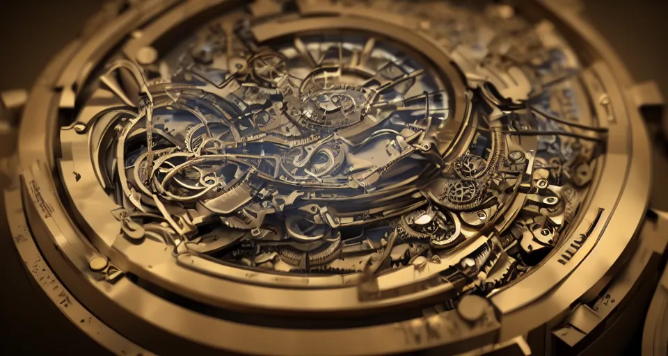 Image similar to complex 3 d render of a futuristic steampunk watch lying on a table, high detail, sharp focus, glowing interior components, intricate detail, depth of field, bokeh, cinematic lighting and composition, octane render, film grain, crisp clean geometric lines