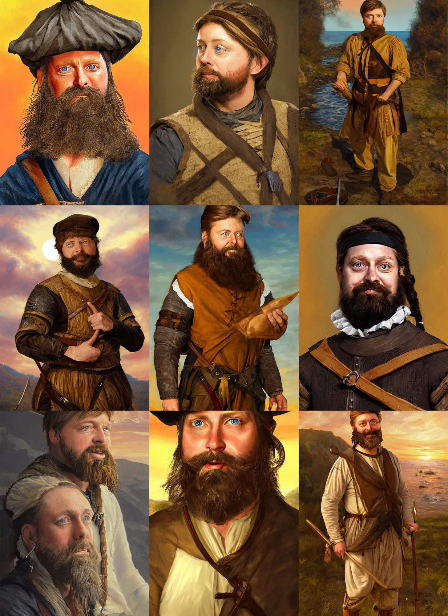 Prompt: a stunning painting of dave foley with a ponytail and beard dressed as a medieval explorer, james gurney, digital art, golden hour