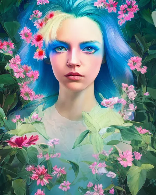 Prompt: half - electricity woman, white and multicolored hair, surrounded by flowers, cosmic background, with cute - fine - face, pretty face, realistic shaded perfect face, fine details by realistic shaded lighting poster by ilya kuvshinov katsuhiro otomo, magali villeneuve, artgerm, jeremy lipkin and michael garmash and rob rey