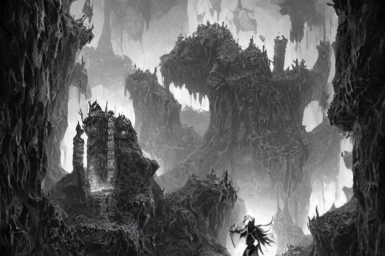 Image similar to black and white point perspective dungeon cozy fantasy dungeon The human defenestrator Katherine and their gelatinous group of goblins are hiding in the flourishing cave.,by artgerm and Craig Mullins, James Jean, Andrey Ryabovichev, Mark Simonetti and Peter Morbacher 16k