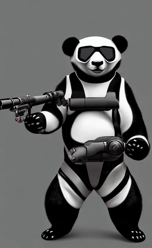 Prompt: cyborg panda wearing goggles equipped with a futuristic rifle, full body shot, artstation, detailed, technology, sci - fi