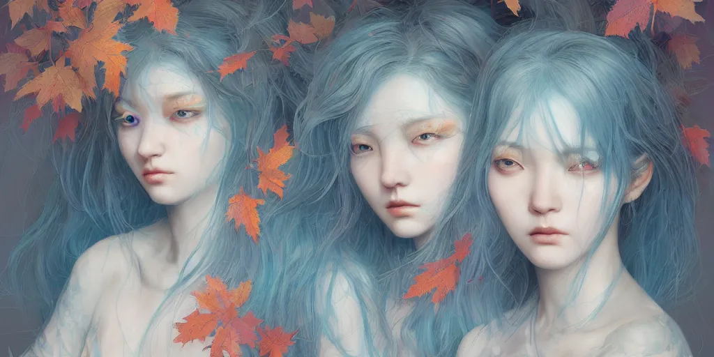 Prompt: breathtaking detailed concept art painting pattern with gradient pastel colors of blue hair faces goddesses amalgamation autumn leaves with anxious piercing eyes, by hsiao - ron cheng and james jean, bizarre compositions, exquisite detail, 8 k