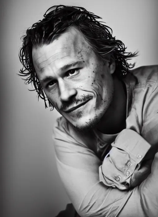Image similar to DSLR photo portrait still of 43 year old age 43 Heath Ledger at age 43!!!, 85mm f1.8