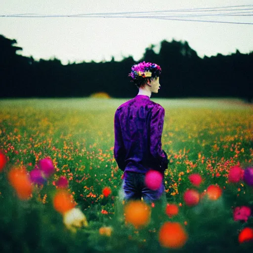 Prompt: kodak portra 4 0 0 photograph of a skinny goth guy standing far back in a field of flowers, back view, flower crown, moody lighting, telephoto, 9 0 s vibe, blurry background, vaporwave colors, faded!,