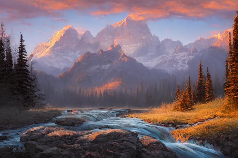 Image similar to an epic landscape painting of the three sisters mountains in canada, with snow on its peak, at sunrise in springtime, with a small river in the foreground, painted by andreas rocha, atmospheric, volumetric lighting, rolling fog, breathtaking, highly detailed