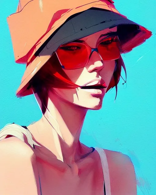 Prompt: a ultradetailed beautiful painting of a stylish woman wearing a bucket hat, by conrad roset, greg rutkowski and makoto shinkai trending on artstation