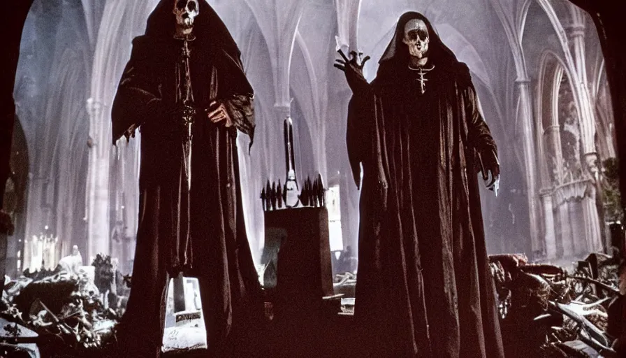 Prompt: 80s movie by James Cameron about a gothic techno-cathedral where a lavishly dressed necromancer priest raising a cyborg zombie from the grave