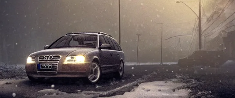 Prompt: Audi A4 B6 Avant (2002), a gritty neo-noir, dramatic lighting, cinematic, eerie person silhouette, death, homicide, homicide in the snow, gunshots, establishing shot, extremely high detail, photorealistic, cinematic lighting, artstation, by simon stalenhag, Max Payne (PC) (2001) winter New York Manhattan at night, In the style of Max Payne 2 graphic novel, ultra grim, flashing lights, Poets of the Fall - Late Goodbye