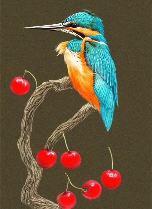 Image similar to a kingfisher sitting on a cherry playing the flute