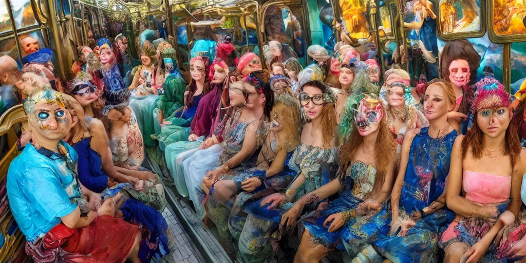 Image similar to detailed colour photographic masterpiece group portrait of people sat down extreme closeup, in the inside of the full crowded beautiful underwater train to atlantis, realistic and lifelike expressions, crowds of people sat down wearing unusual clothes