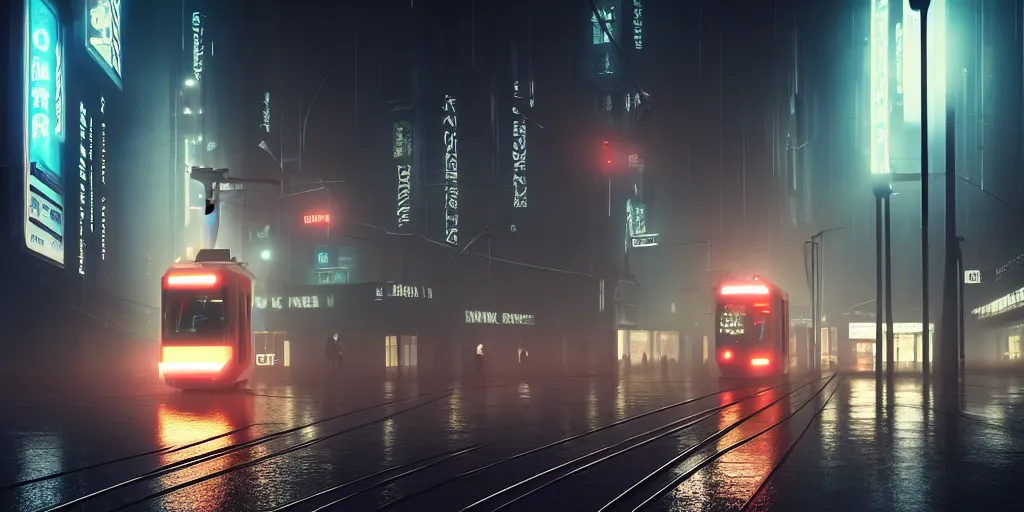 Prompt: at night, a tram passes through the very center of the building ， foggy ， blade runner 2 0 4 9, 4 k resolution, ultra wide angle, cinematic, octane render