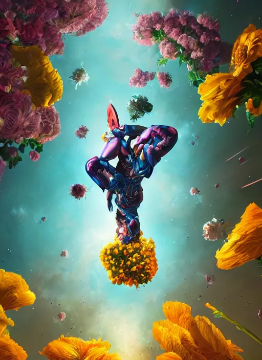 Image similar to An epic fantastic realism comic book style painting of the most beautiful flowers launched into space, bouquets, fisheye lens, unreal 5, DAZ, hyperrealistic, octane render, dynamic lighting