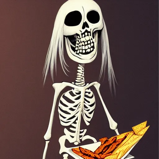 Prompt: phoebe bridgers in a skeleton costume with trashcan nachos by greg hildebrant fancy rococo baroque regal oil painting high quality award winning clothed in fancy garb