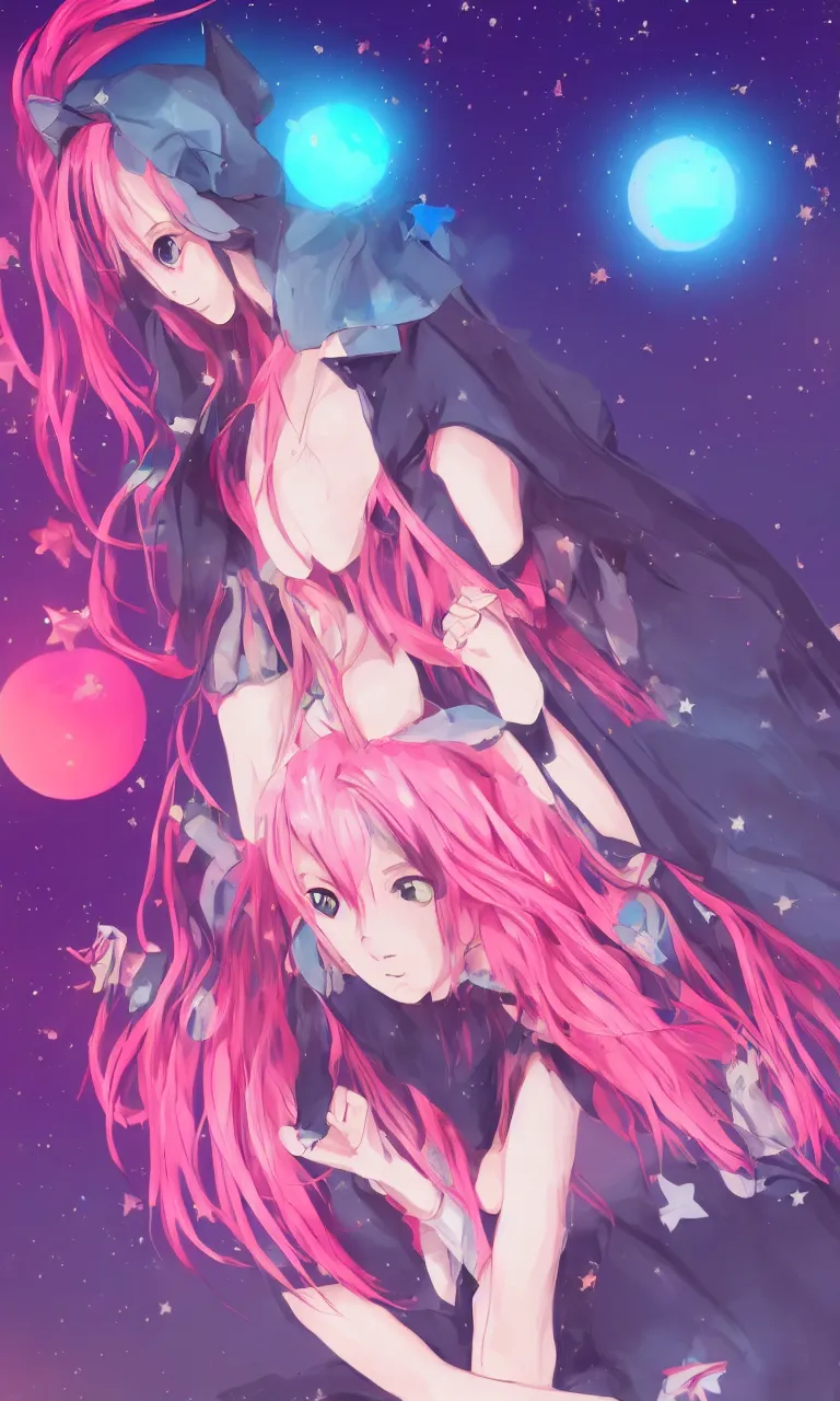 Image similar to A beautiful anime cat girl with pink hair, digital art, cgsociety, trending on artstation, sunset background with shooting stars in the sky