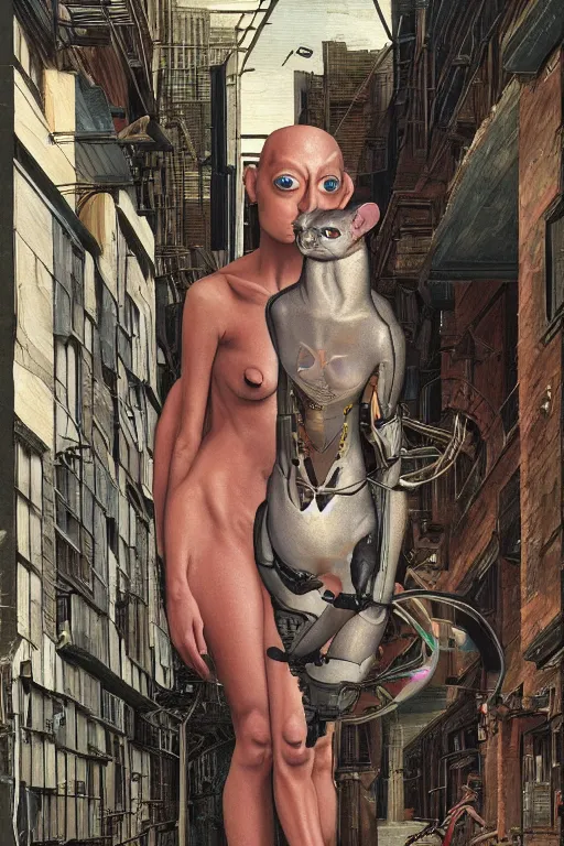 Image similar to a cyborg! sphynx cat!!, in a cyberpunk alleyway by sandro botticelli