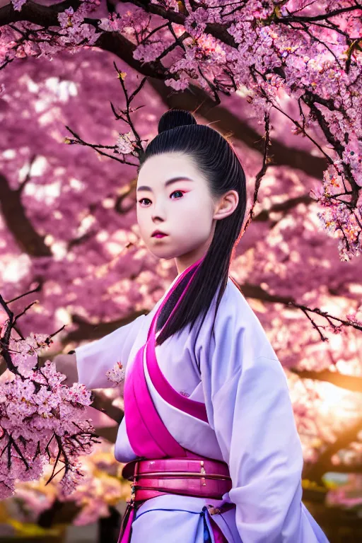 Image similar to highly detailed beautiful photo of a young female samurai, practising sword stances in front of a cherry blossom tree, symmetrical face, beautiful eyes, pink hair, realistic anime art style, 8 k, award winning photo, pastels colours, action photography, 1 / 1 2 5 shutter speed, sunrise lighting