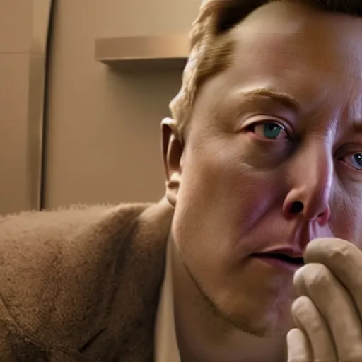 Image similar to hyperrealism aesthetic ridley scott and denis villeneuve style photography of a detailed giant elon musk, siting on a detailed ultra huge toilet and scrolling his smartphone in hyperrealism scene from detailed art house movie in style of alejandro jodorowsky and wes anderson