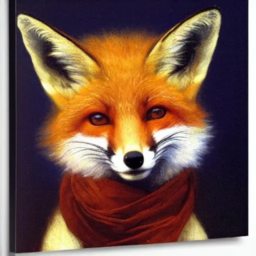 Image similar to A portrait of a fox in a scarf by William-Adolph Bouguereau, fox wearing a scarf