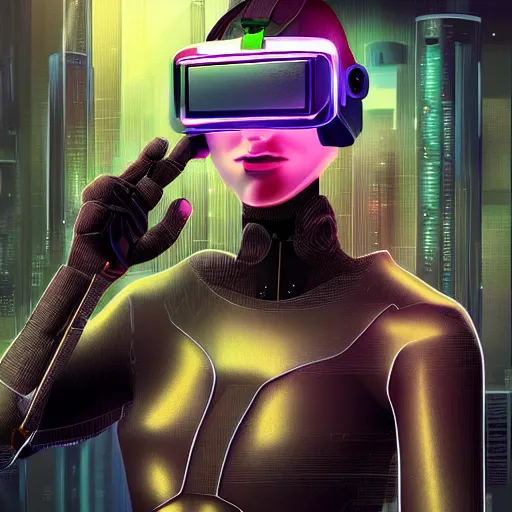 Image similar to cyberpunk bot wearing vr headset, sci - fi, portrait, illustration