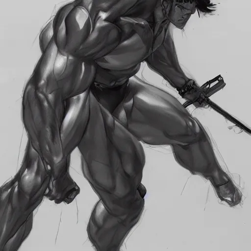 Prompt: pose study of gigachad, yoni shinkawa fine sketch