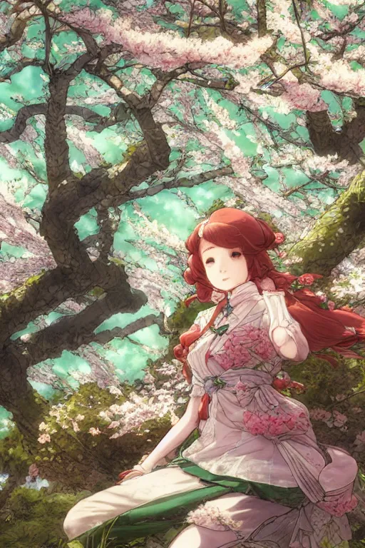 Image similar to the emerald herald under a cherry blossom tree, hidari, color page, tankoban, 4K, tone mapping, Akihiko Yoshida