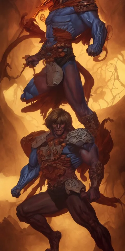 Prompt: one full body centered character pose of He-Man with a dark manner; He-Man looks like a dark, mysterious, shadowy, eerie, ominous character; atmospheric, cinematic, Epic, 4k, ultra-detailed, ultra-realistic, colored ZBrush render, art by artgerm and Greg Rutkowski and Alphonse Mucha