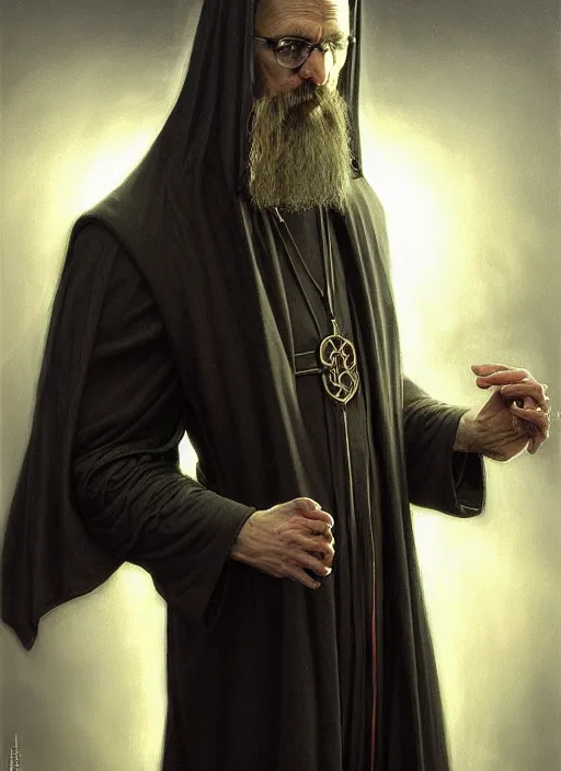 Image similar to portrait of a cyberpunk orthodox priest, grim - lighting, high - contrast, intricate, elegant, highly detailed, centered, digital painting, artstation, concept art, smooth, sharp focus, illustration, artgerm, tomasz alen kopera, peter mohrbacher, donato giancola, joseph christian leyendecker, wlop, boris vallejo