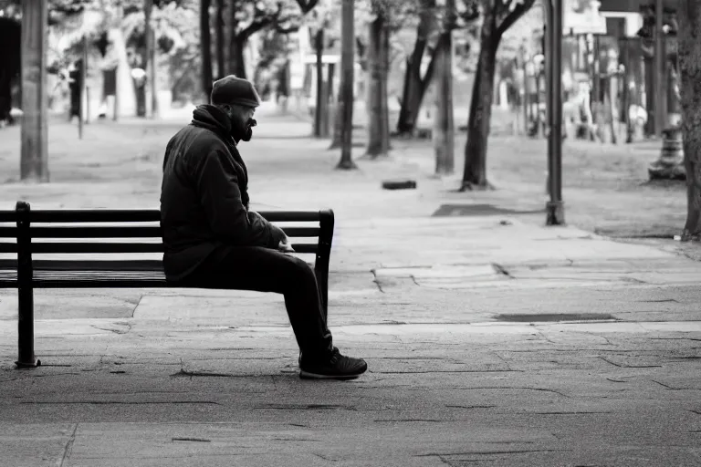 Prompt: photo of a man sitting on a bench waiting for someone that will never come, depressing, moody, nostalgic, dramatic, 8 k uhd