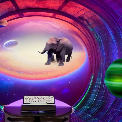 Prompt: a hyperrealistic 3D octane render of an elephant wearing oculus rift VR goggles, playing a keyboard inside of a dome planetarium with planets and galaxies, 8k, unreal engine, dramatic lighting, volumetric lighting, uplighting, ray tracing, photorealistic,