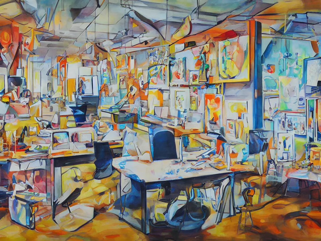 Image similar to painting gallery workplace, art style by bryen frost