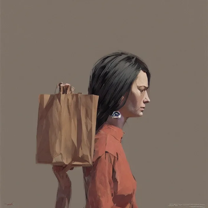 Image similar to woman portrait with a paper bag over the head, highly detailed, artstation, art by ian mcque, ilya kuvshinov, zdislav beksinski, wayne barlowe, edward hopper