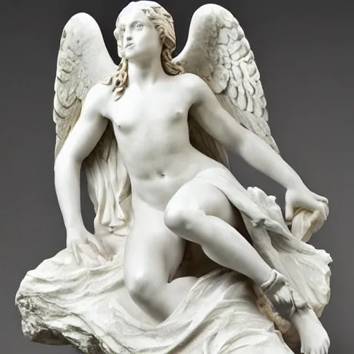 Prompt: a marble statue of an beautiful angel girl by peter camp