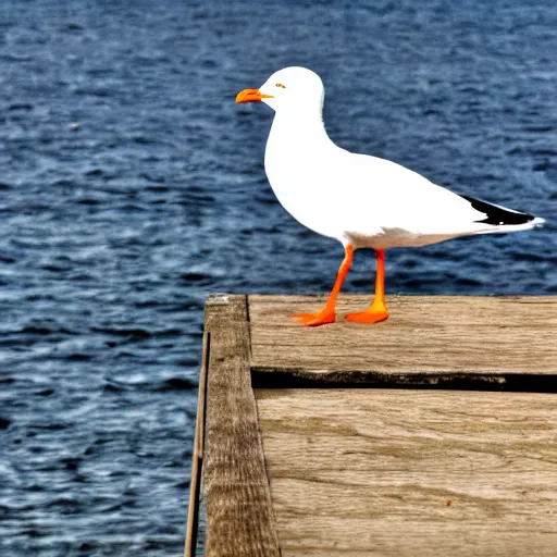 Prompt: a photo still of steven seagull at the pier next to the ocean