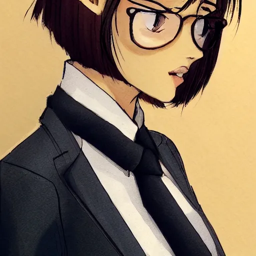 Prompt: woman in business suit, brown neat hair, animesque, pixiv, fanbox, trending on artstation, digital art, portrait, modern, sleek, highly detailed, formal, serious, determined, competent, colorized, smooth, charming, pretty, safe for work, law office