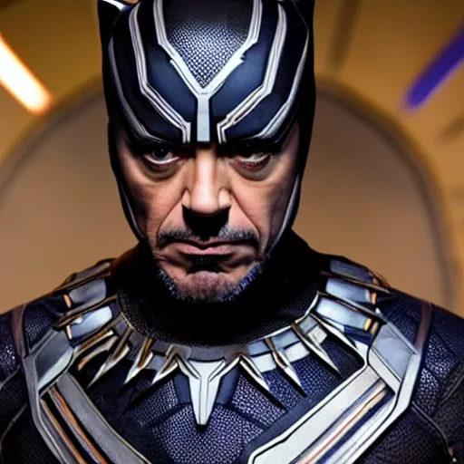 Image similar to cinematic still of robert downey jr as black panther