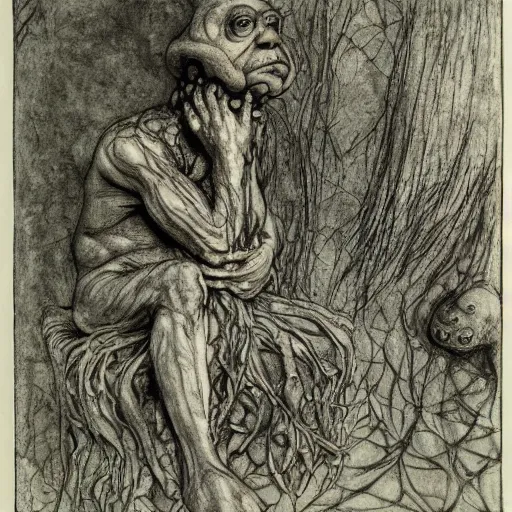 Prompt: toad philosopher The Thinker, swamp, by Auguste Rodin, by Irving Penn, illustrations by irish fairy tales james stephens arthur rackham, illustrations by Stephen Reid