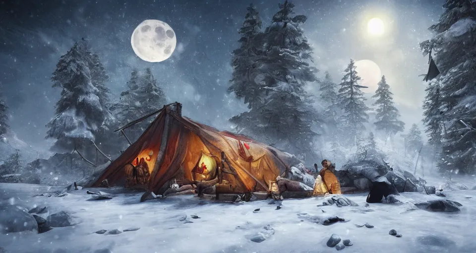 Image similar to an epic fantasy adventurer's camp in the snow with a hide tent at night with a full moon, a single adventurer with red hair, 4 k, extremely detailed. award winning, trending on artstation, 8 k, ultra wide angle