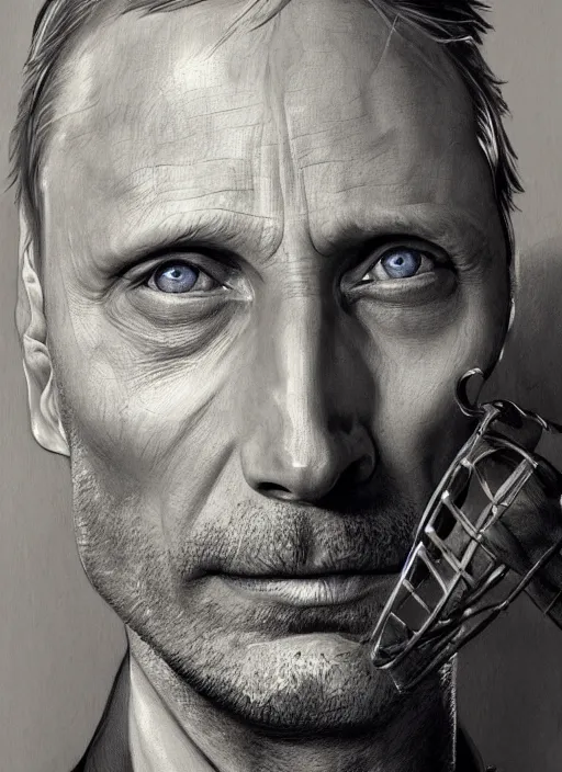 Prompt: portrait of Mads Mikkelsen as Hannibal Lecter, highly detailed, centered, solid color background, digital painting, artstation, concept art, smooth, sharp focus, illustration, artgerm, donato giancola, Joseph Christian Leyendecker, Les Edwards, Ed Repka, WLOP, Artgerm