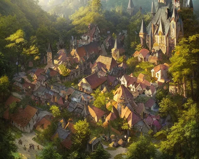 Prompt: small medieval village next to a forest, aerial view, deep focus, d & d, fantasy, intricate, elegant, highly detailed, digital painting, artstation, concept art, matte, sharp focus, illustration, hearthstone, art by artgerm and greg rutkowski and laura sava and alphonse mucha