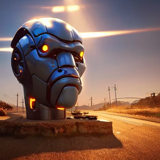 Image similar to Giant half-robotic head of David Copperfield with wheels running on a californian highway, rays of light, particles light, kuvshinov ilya, unreal engine, by sasha kalinkin