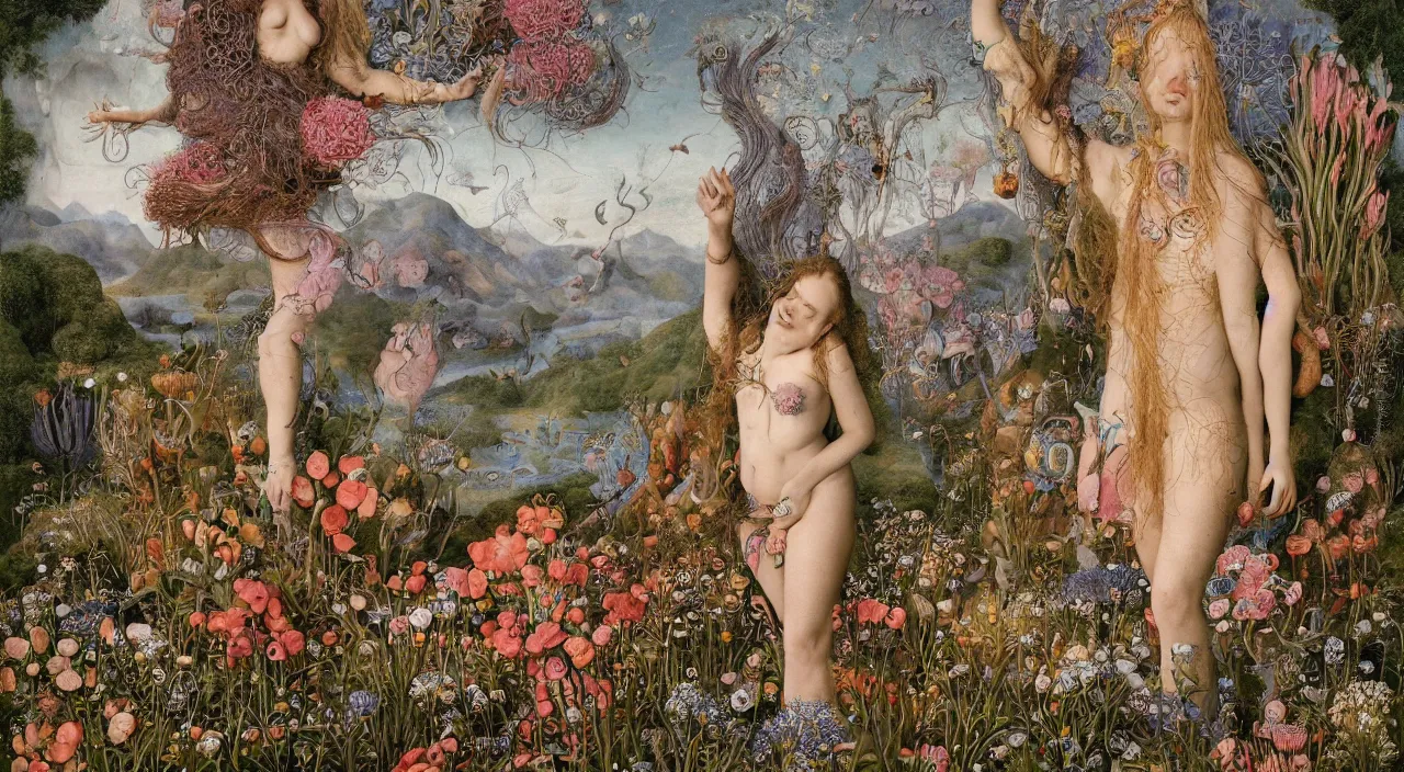 Image similar to a meditating druid mermaid surrounded by flowers. her skin is covered in scales and feathers. landscape with mountains, river and burning stars. painted by jan van eyck, max ernst and ernst haeckel, trending on artstation, 8 k, award winning, hard lighting, fashion editorial, mythology, photorealistic, ernst fuchs, bodhisattva, burning fires