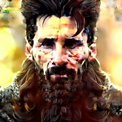 Image similar to Messi with a majestic beard, closeup, D&D, fantasy, intricate, elegant, highly detailed, digital painting, artstation, concept art, matte, sharp focus, illustration, art by Artgerm and Greg Rutkowski and Alphonse Mucha