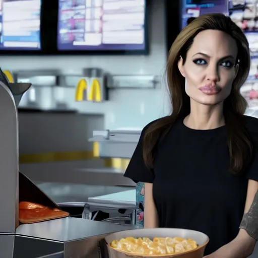 Image similar to Angelina Jolie working as a McDonalds cashier, macro, wide shot, dramatic, octane render, hyperrealistic, HD