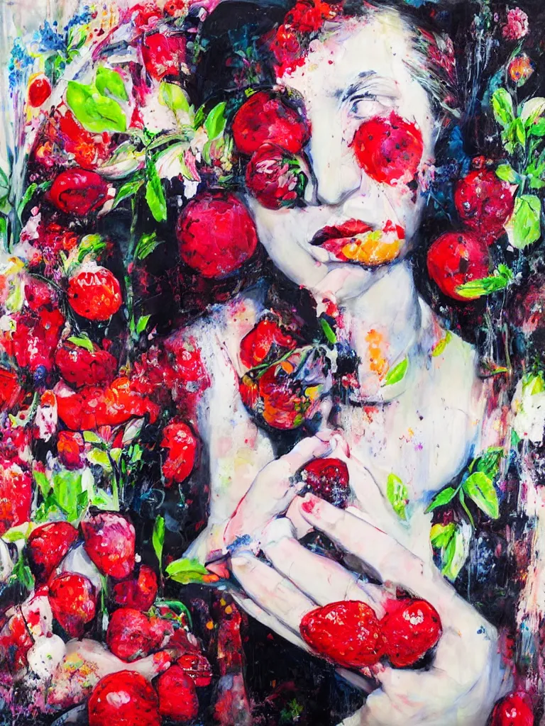 Prompt: “art in an Australian artist’s apartment, portrait of a woman wearing white cotton cloth, eating luscious fresh raspberries and strawberries and blueberries, edible flowers, black background, acrylic and spray paint and oilstick on canvas”