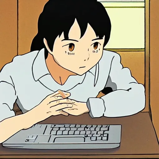 Prompt: tan-skinned guy with long black hair and long sleeves using a laptop, looking down, art by hayao miyazaki, studio ghibli film, twitter pfp