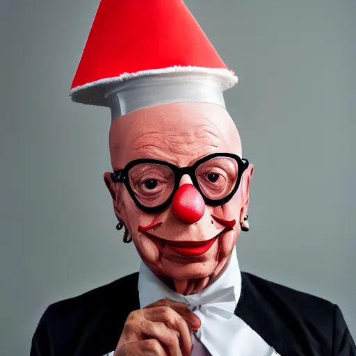 Prompt: UHD candid photo of Klaus Schwab dressed as flamboyant emperor wearing dunce cap, wearing extremely accurate clown makeup, accurate face, UHD, photorealistic, correct face, photo by Annie Leibowitz